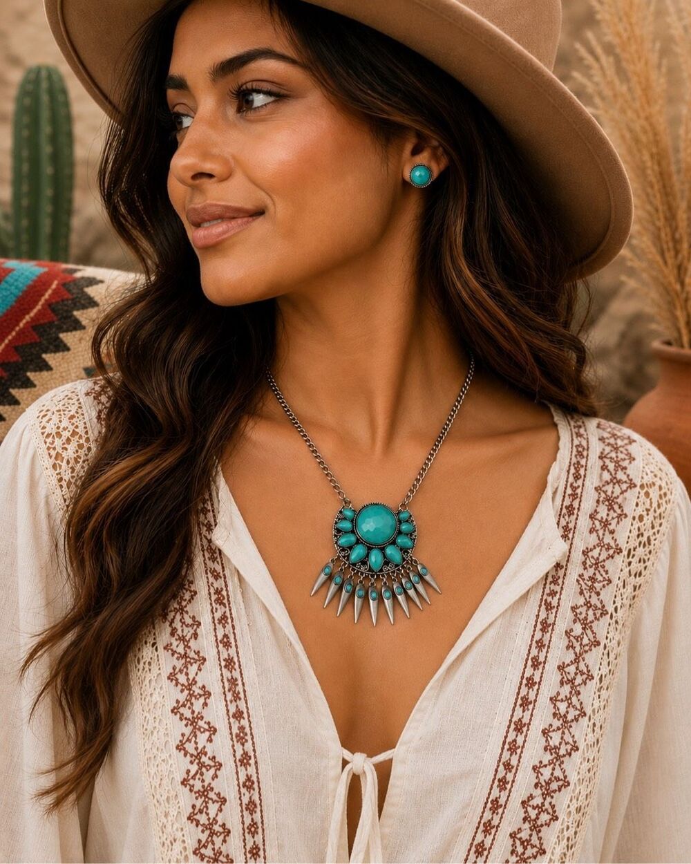 Mia Inspirations Turquoise Boho Southwestern Statement Necklace Earrings Set New